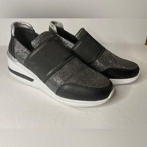 Rhino Red slip on, platform sneakers with glittery top 8.5